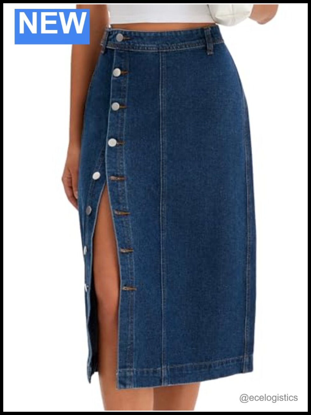 Midi Denim Skirt High Waisted Full Button Down Side Slit